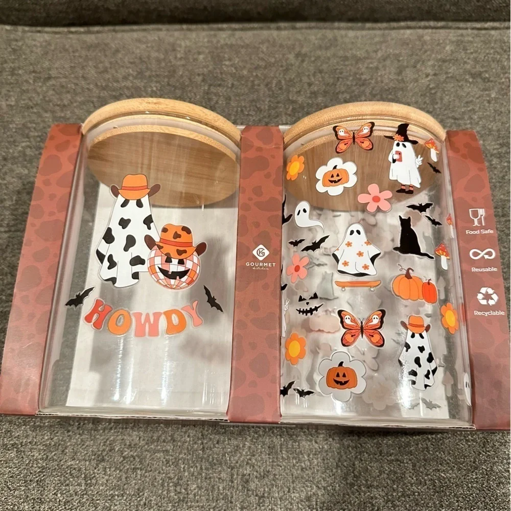NIB Gourmet Kitchen Cowboy Ghosts Round Glass Storage Jars with Bamboo Lids